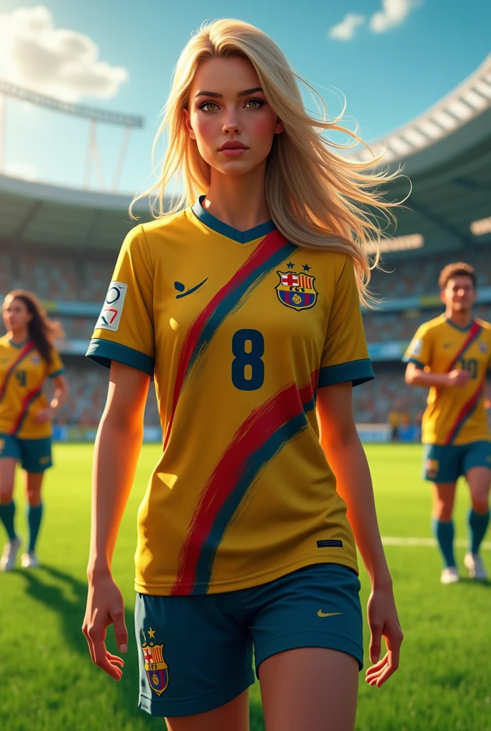 Une  seul femme blonde agee de 24ans en vacance a barcelone en tenue de foot