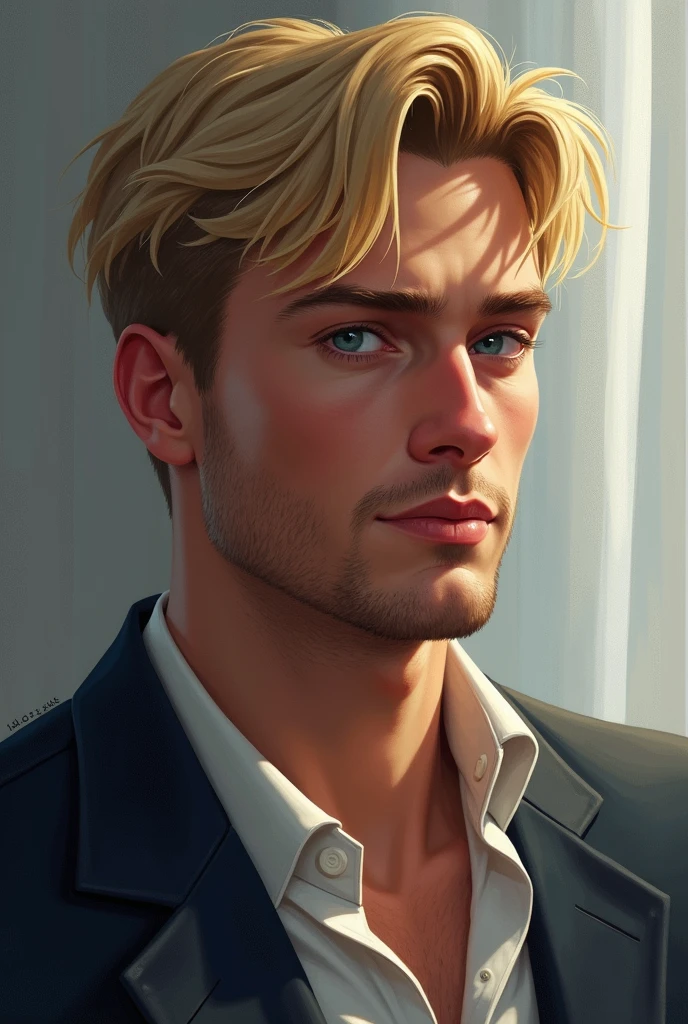 Create a man , realistic, 27 years , large, light blonde ,  blue eyes that are covered with a darker ring .  The right eye has a slight brown stripe in it.  He is about 187 large , broadly built, broad cross,  doesn't look too wide . 
He is a jerk but gentle on the inside .