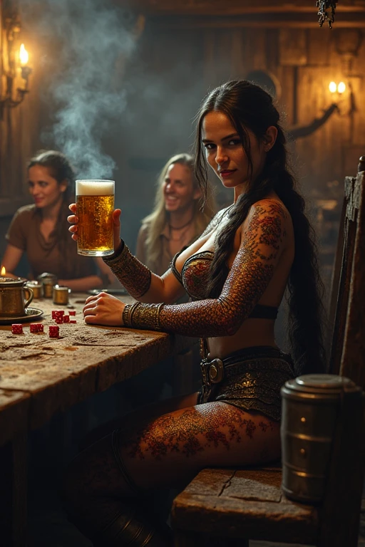 18 yo Green haired latina beauty in middle age dirty peasant clothes, skirt lift, pouring ale from a barrel in a tavern, 8k, uhd, pale skin with scars, detailed face, body
