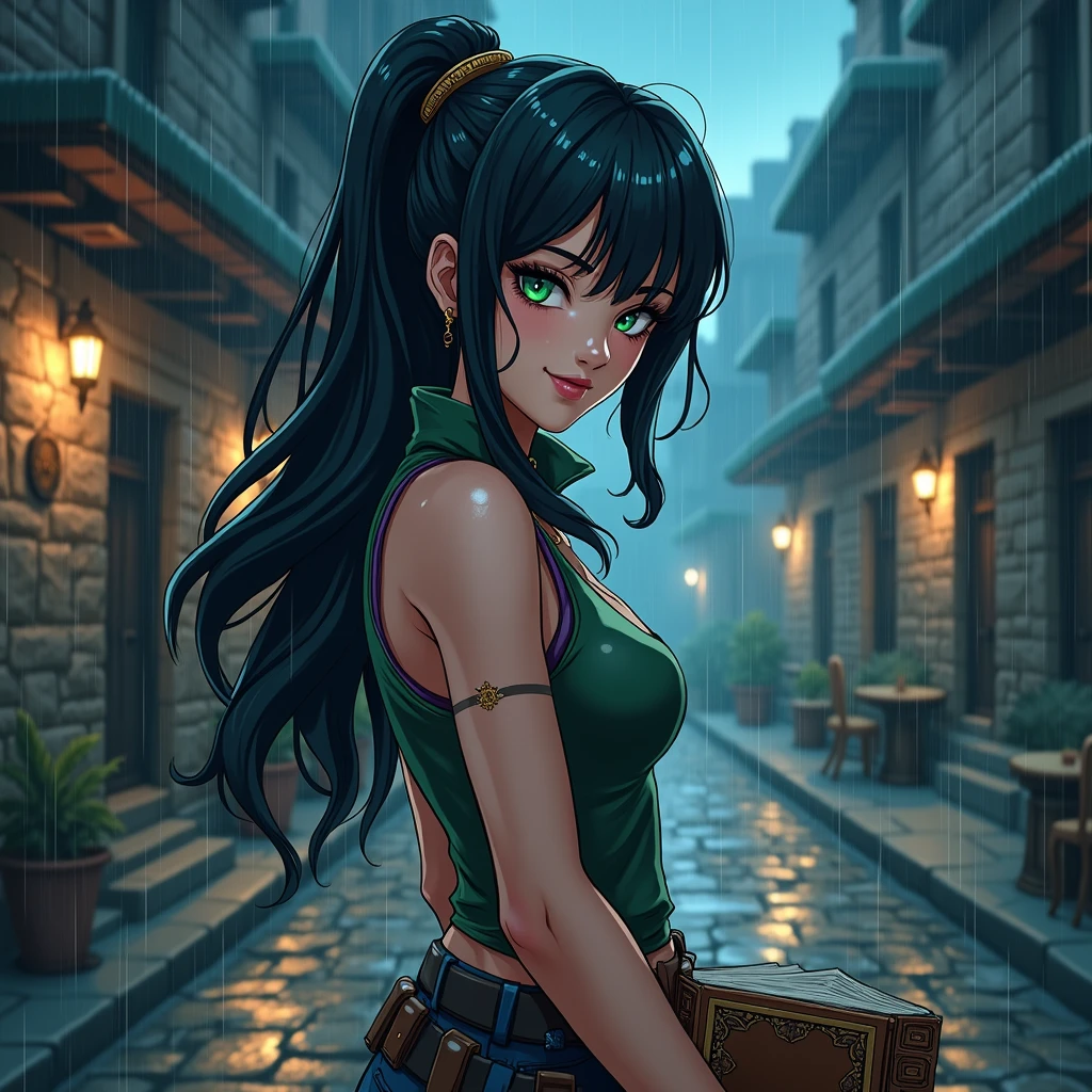 detailed illustration (side view),dynamic angle,ultra-detailed, illustration, pose for the camera, smiling at viewer, clean line art, shading, anime, 2020’s anime style, detailed eyes,left eye purple, right eye emerald green, detailed face, beautiful face standing on a sidewalk of an ancient aztec city, Archeologist, pirate tank top，fit body，big breasts，crossfit body,  Monster Hunter inspired, woman, in a skirt, night, rain, black hair, hard boiled, female fatale vibes, blue lips, tip of fingers blue, olive green skin color, slit pupils, ancient book on hand