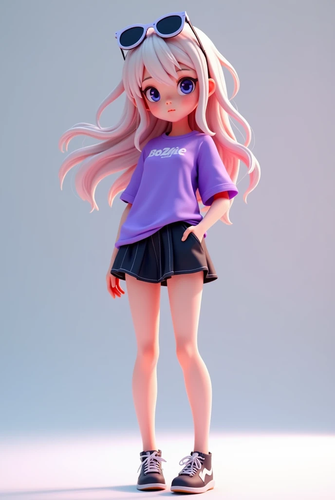 3D anime girl wearing purple shirt and short black skirt with sunglasses