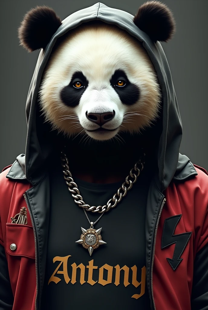 Generate artwork , vitromorfismo, panda, with chains around the neck, vestido com uma camiseta larga preta, estilo gangster, com as maos juntas, orando