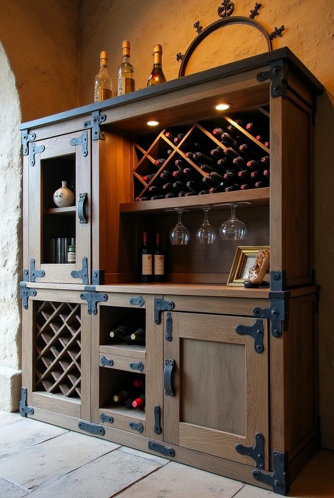  create an image of a sideboard /functional cellar .  This sideboard must contain wine bottle holder ,  hanging wine glasses and place to support bottles and coffee