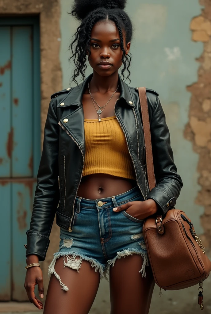 Femme africaine veste cuir mini short jean grand sac a main , ses vêtements sont troués