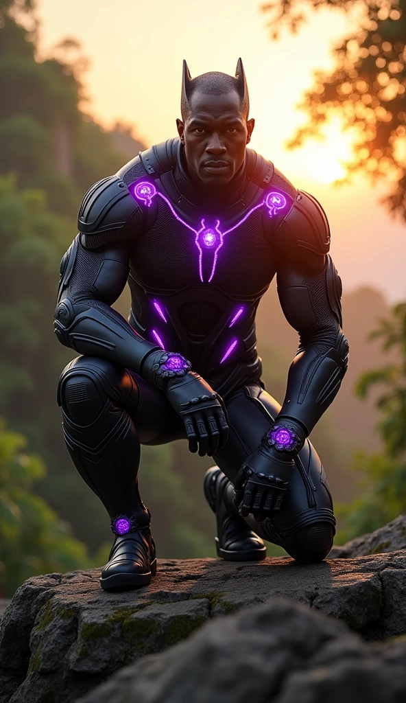 A regal African king in an advanced black vibranium suit, crouched on a rocky outcrop in the Wakandan jungle. Vibrant purple energy pulses along his suit’s lines, reflecting power and technology. The scene is bathed in golden light from a rising sun.