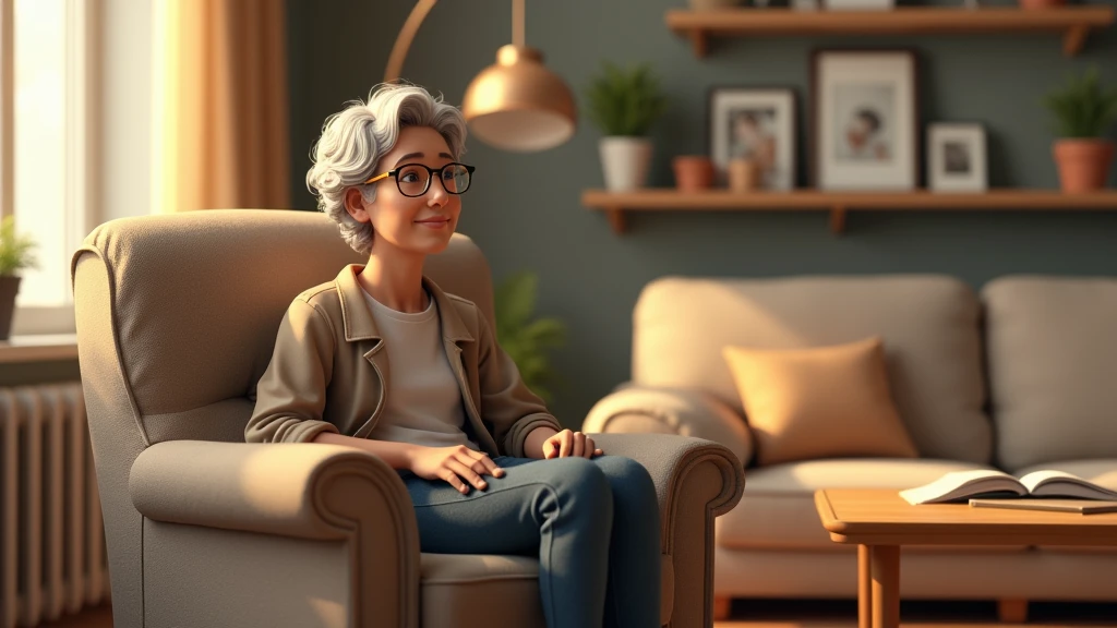 Create a realistic image of an elderly person sitting in a cozy, well-lit living room. The elderly person, a man or woman with gray hair and glasses, has a calm and reflective expression, dressed in comfortable, casual clothing. They are sitting in a comfortable armchair, surrounded by elements of a warm and tidy home, such as a coffee table, soft cushions, and a bookshelf with family photos and plants. The background should show a clean and serene space, evoking feelings of peace and independence. The light should be soft and natural, emphasizing a calm and inviting atmosphere, with realistic textures and details in the environment