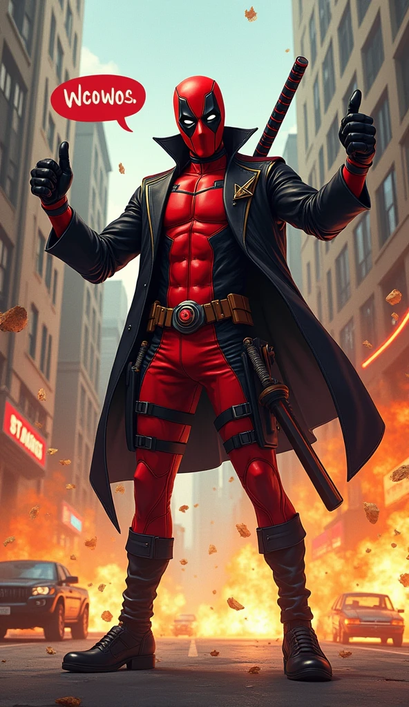 A witty antihero in a red and black suit, wielding dual katanas. He stands in a chaotic street filled with explosions and flying debris, casually holding a chimichanga in one hand and giving a thumbs-up. His quirky speech bubble reads, "This scene needs more explosions."