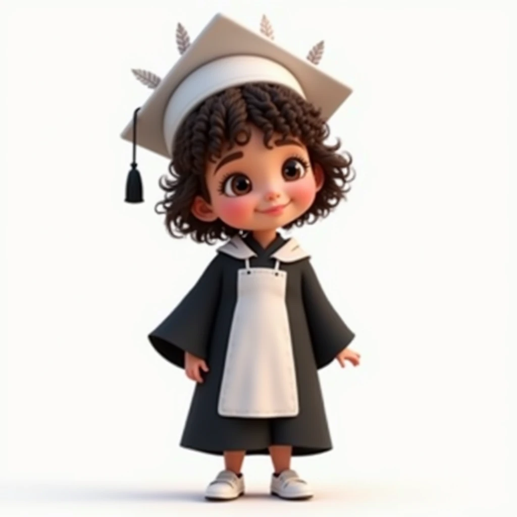 A Pixar-style preschool girl stands. She wears a black academic gown with white trim, including an apron and a small cape. A white graduation cap with feathers around the top adorns her head. She has dark brown, tightly curled hair, a delicate face, and a friendly smile. Her gaze is forward, and her posture denotes serenity. The girl's shoes are white. The lighting is even and soft, with no prominent shadows, highlighting the vibrant colors of the gown. png background