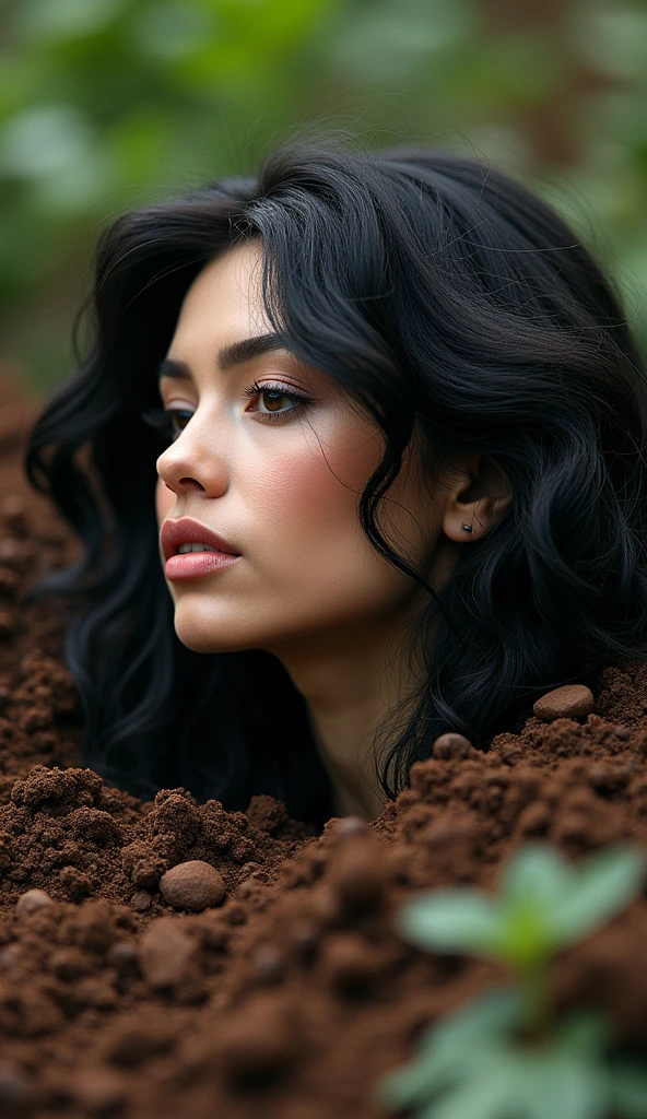 A piece of the head of a beautiful latina woman with very long hair is very bushy, neckless, buried standing in a garden, only her head visible , disekitarnya hanya ada tanah liat, realistic face, realistic photo, realistic hair, widespread hair around the head, pandangannya kosong