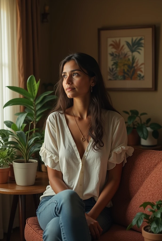 A Brazilian woman sitting on the sofa ,on the wall two paintings measuring 60 cm by 80 cm on the wall above the modern gray sofa with black cushion
, small apartment room, well lit and with flowers and carpet