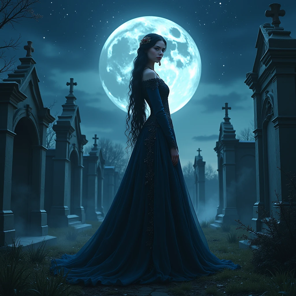 a woman with long black hair, in the cemetery, wearing a long black and purple dress, black cats around, full moon night