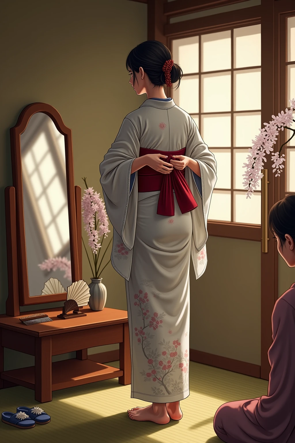 A beautifully detailed scene capturing the intimate ritual of dressing in a traditional Japanese yukata, rendered with a serene and nostalgic atmosphere. The central figure, a young woman, stands in front of an elegant wooden mirror, carefully tying the intricate knot of her obi. Her hands move with practiced precision, adjusting the fabric’s folds with grace.

The yukata is a delicate fabric with a soft floral pattern of pale cherry blossoms and flowing water on a light indigo background, contrasting gently with the vibrant obi in deep crimson, adorned with subtle gold accents. The soft light streaming through shoji screens bathes the room in a warm glow, creating delicate shadows across the tatami mats.

Surrounding her are small, meaningful details: a pair of geta sandals neatly placed beside a folded paper fan, a lacquered hair comb resting on a low wooden table, and a vase holding a single stem of blooming wisteria. A second figure, perhaps an elder family member or a close friend, sits nearby, offering quiet guidance or observing with a look of gentle pride.

The setting radiates timeless beauty and tranquility, with every element—traditional textures, muted natural tones, and the interplay of light and shadow—evoking the care and reverence of this cultural tradition. The scene draws the viewer into a moment of stillness, where artistry and heritage intertwine in the ritual of donning the yukata.