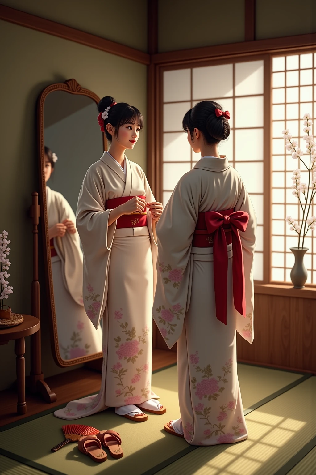 A beautifully detailed scene capturing the intimate ritual of dressing in a traditional Japanese yukata, rendered with a serene and nostalgic atmosphere. The central figure, a young woman, stands in front of an elegant wooden mirror, carefully tying the intricate knot of her obi. Her hands move with practiced precision, adjusting the fabric’s folds with grace.

The yukata is a delicate fabric with a soft floral pattern of pale cherry blossoms and flowing water on a light indigo background, contrasting gently with the vibrant obi in deep crimson, adorned with subtle gold accents. The soft light streaming through shoji screens bathes the room in a warm glow, creating delicate shadows across the tatami mats.

Surrounding her are small, meaningful details: a pair of geta sandals neatly placed beside a folded paper fan, a lacquered hair comb resting on a low wooden table, and a vase holding a single stem of blooming wisteria. A second figure, perhaps an elder family member or a close friend, sits nearby, offering quiet guidance or observing with a look of gentle pride.

The setting radiates timeless beauty and tranquility, with every element—traditional textures, muted natural tones, and the interplay of light and shadow—evoking the care and reverence of this cultural tradition. The scene draws the viewer into a moment of stillness, where artistry and heritage intertwine in the ritual of donning the yukata.