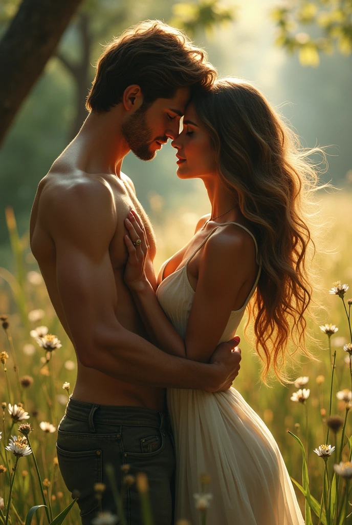 Generate a extreme romantic scene of a extreme beautiful  and hot  North American woman with a American man without shirt 