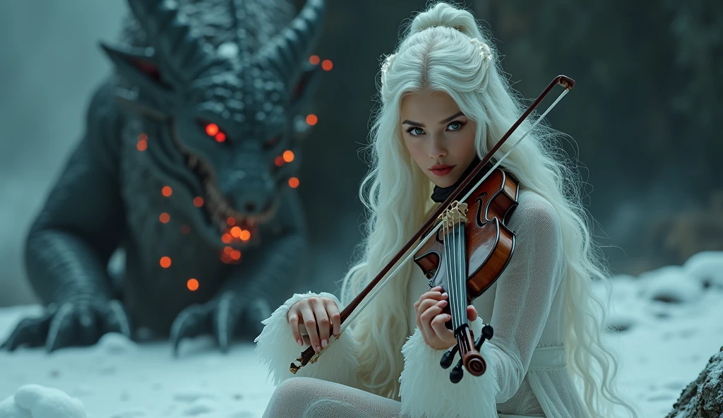 (photorealism: 1.2), a beautiful woman with long wavy white hair and ...