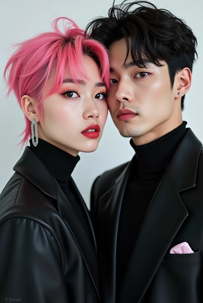 a girl who wears black skirt and white T-shirt and pink hair in the night, with a her boyfriend who wears white T-shirt and black short and black hair hugging the girl, detailed eyes and face and hands, masterpiece, high quality, 4k 8k