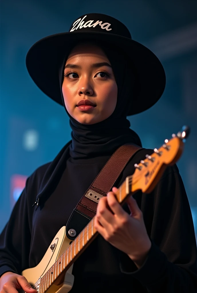 Illustrate a portrait that highlights the intensity of the Malay girl's guitar performance, with her hijab and the motorbike both contributing to the raw, unapologetic energy of rock music