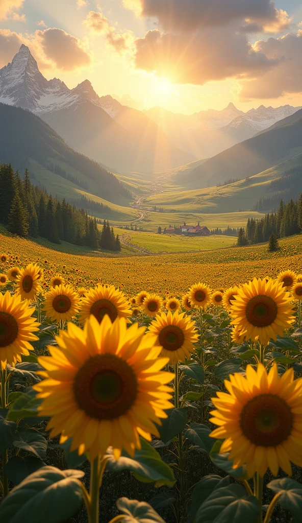 A beautiful sunflower garden that extends into a majestic natural landscape at dawn, very realistic 