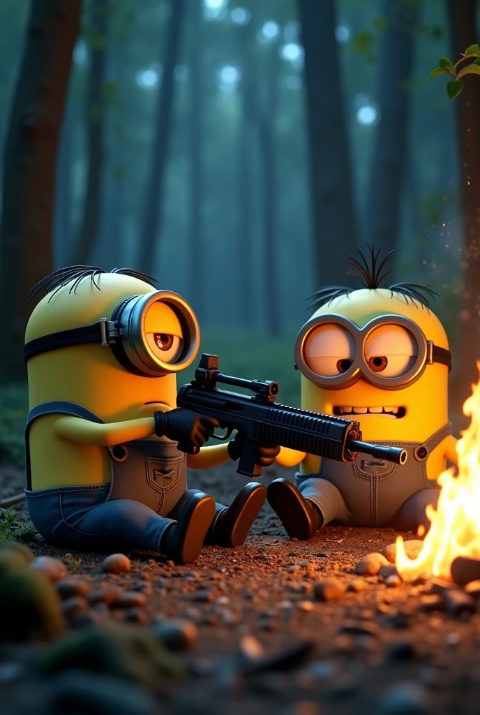 Generate me an image how are two minion’s shooting from machine gun and drinking beer. forest at night they are laying down on ground and aiming at enemy while other minion drinks beer