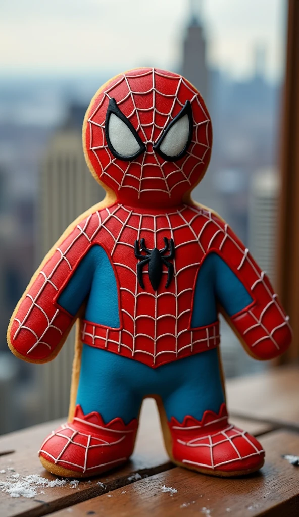 A realistic gingerbread cookie designed as Spider-Man, featuring detailed red and blue spider suit with intricate web patterns, soft cookie texture underneath. Background shows a blurred New York Cityscape. Warm lighting with soft shadows, creative and playful, ultra-realistic details, vivid colors, cinematic framing --v 6.1 --no kimono
