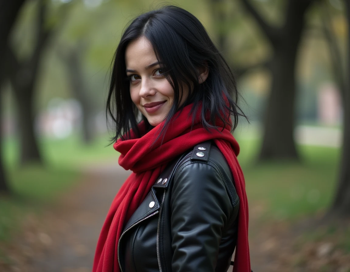 Make the background look focused, A happy but serious young woman with her back doing a Gothic Mikasa Ackerman cosplay,  all in black , Make it look like a very amateur photo, leather,  hostesses without makeup,  In a park , Traits of Argentina, red scarf