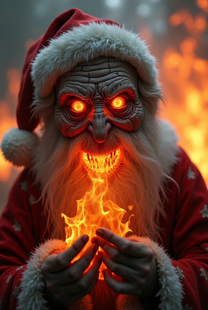 Baba Yaga old female grandmother scary fire face, fire eye, fire nose, fire mouth, Scar face wearing santa costume, high detail fire hell background, fire face cgi effect, 4K