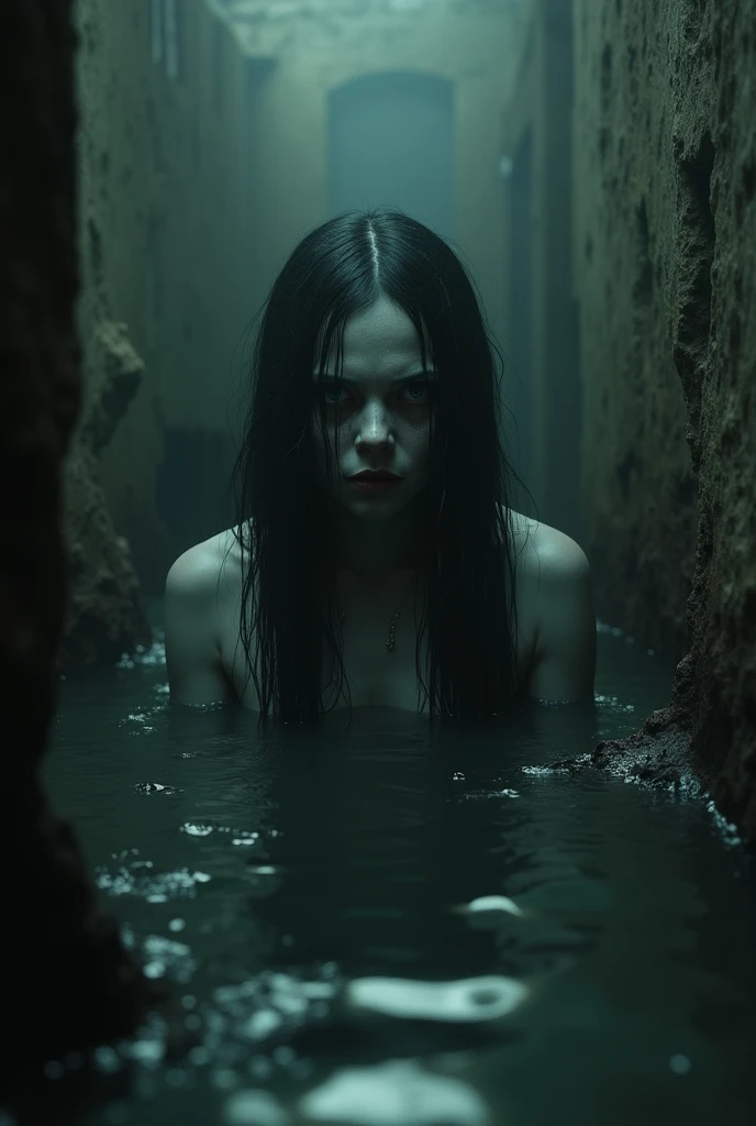 Dark image of 3 scary women, their heads come out of the water, they have long black hair, leurs expression est horrifique, the background is made of snow