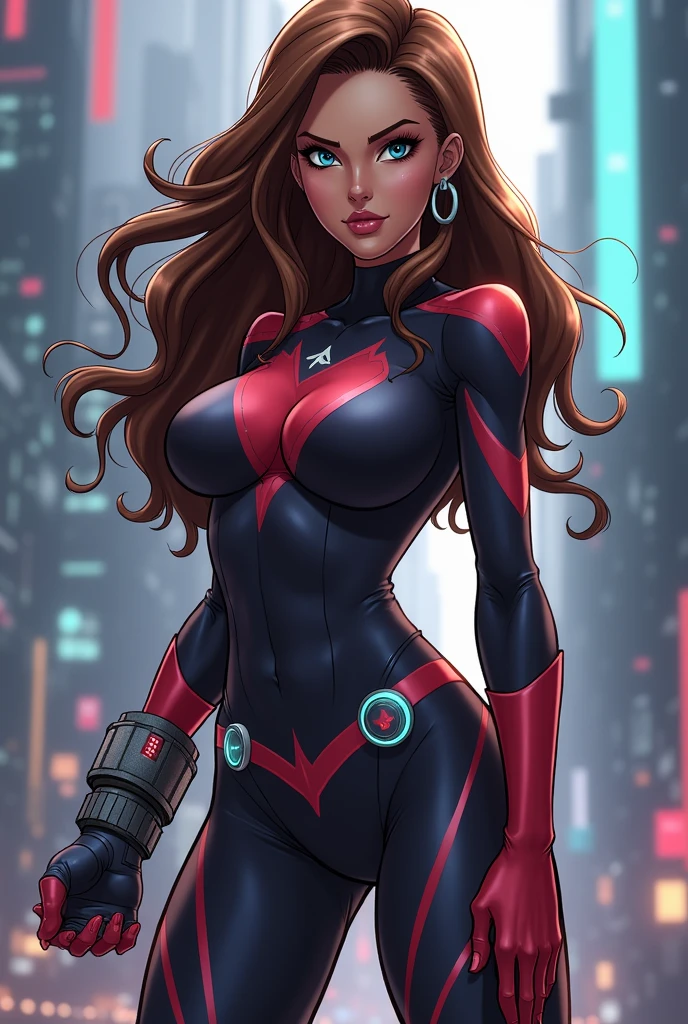 Jennifer Lopez、masterpiece、High quality 4K、villain (X-Men)、Gothic Girl、Sculpted Body Gothic Makeup、Black jacket、Red and blue bodysuit、masterpiece、Highest quality、Cowboy Shots、One personの女の子、One person、Technology Military Bodysuit、fringe