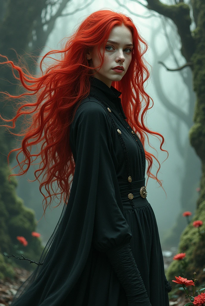 1 girl, solo, serious face, long hair, red hair, hair ornament, floating hair, black eyes, full body, dress, black dress, yellow belt, black gloves, looking at viewer, standing, night sky, forest background