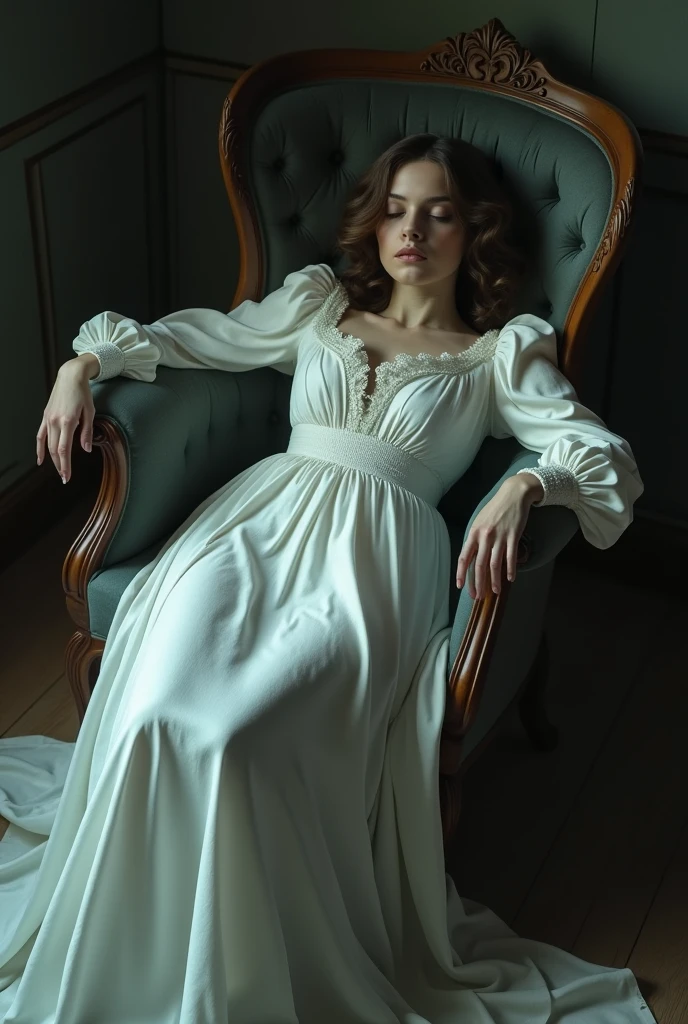 dead woman laying on a chair (laying: 1.0), her neck twisted at an unnatural angle, broken neck, inspired by Alexandre Cabanel, Victorian, beautiful long white dress, death stare, look of hate, white russian clothes, beautiful with eerie vibes, laying on wooden chair, ultra high res, (photorealistic:1.4), cinematic