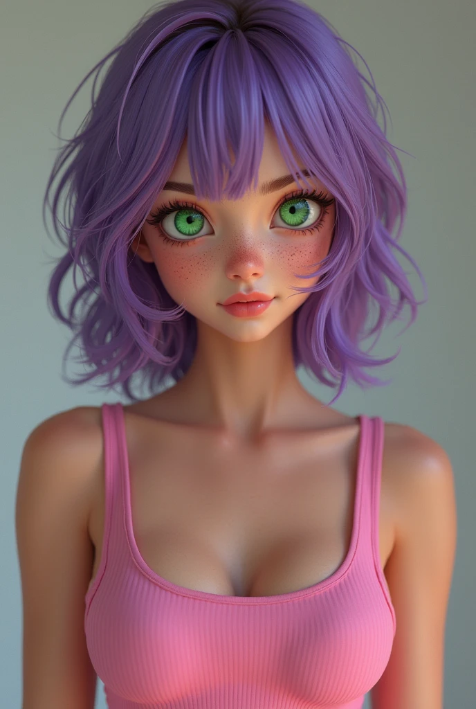 Funnily film character, disney pixar style,3d, with lilac short wavy hair with barrette lilac eyes with a scared expression light green skin white background 8k quality 