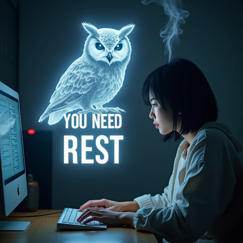 masterpiece,((text:You Need Rest)), The typeface of that text is flick,all capital letters ,the text is arranged above the owl,Alone,1 owl-shaped hologram, and is made of white light particles, worried expression, it looks into a woman's face ,Women have black hair, short hair,Loungewear, A woman is working on a PC ,Steam is coming out of my head, focuses on an owl's face ,indoor, high image quality,Detailed model ,