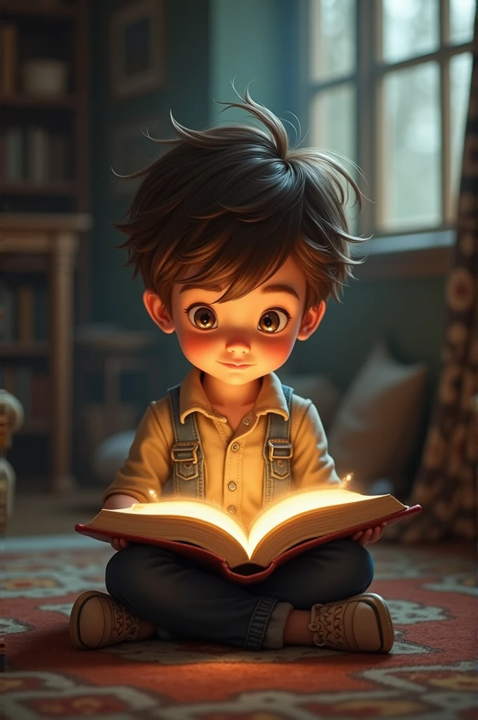A kid reading a book,/ has a lot of imagination,/ and his having fun/, illustrated 