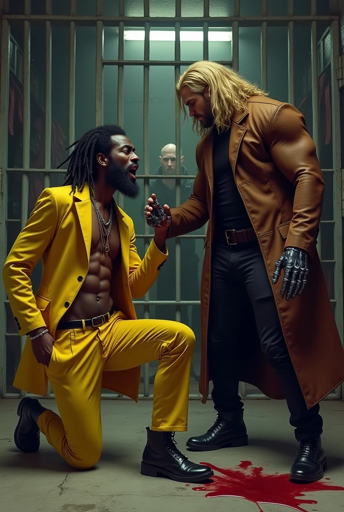 Homem moreno musculoso de dreads ,usando regata branca de capuz ,fighting with shirtless strong man long hair wearing red surgical mask with sharp teeth ,wearing red gauntlet military boots and pants ,lutando no inferno de metal