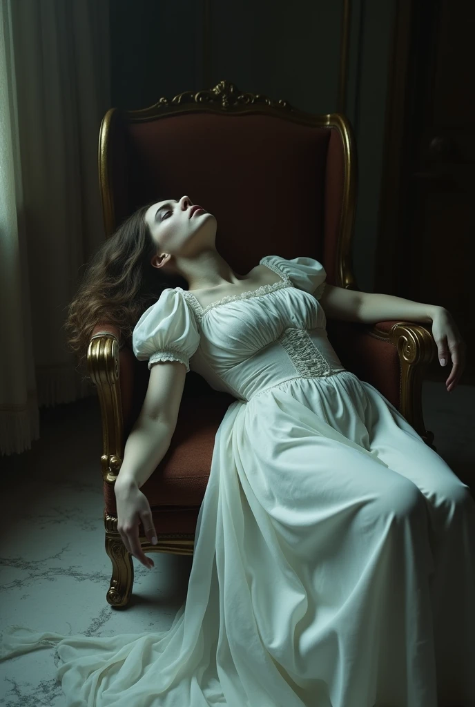 dead woman laying on a chair (laying: 1.0), her neck twisted at an unnatural angle, broken neck, inspired by Alexandre Cabanel, Victorian, beautiful long white dress, death stare, look of hate, white russian clothes, beautiful with eerie vibes, laying on wooden chair, ultra high res, (photorealistic:1.4), cinematic