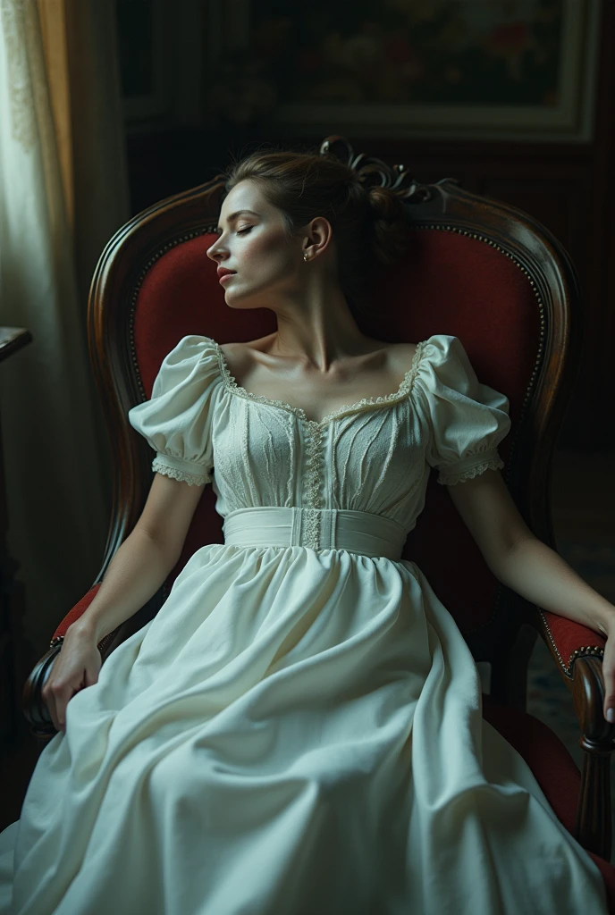 dead woman laying on a chair (laying: 1.0), her neck twisted at an unnatural angle, broken neck, inspired by Alexandre Cabanel, Victorian, beautiful long white dress, death stare, look of hate, white russian clothes, beautiful with eerie vibes, laying on wooden chair, ultra high res, (photorealistic:1.4), cinematic