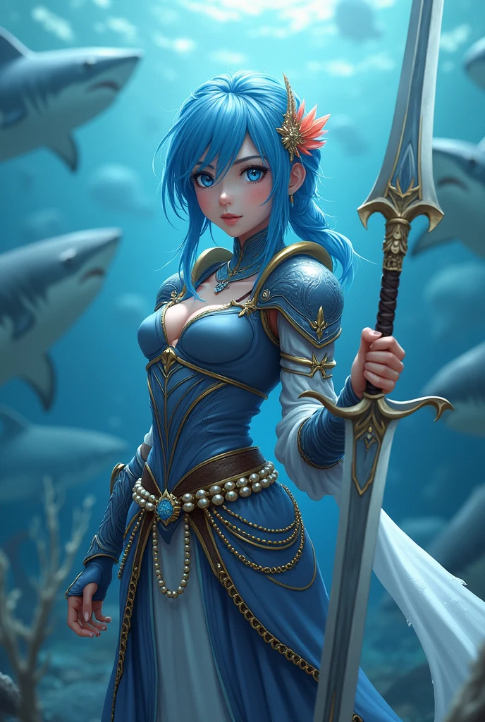 A Spearman Goldfish, Blue hair, weapons, fantasy world, perfect body, perfect face, HD