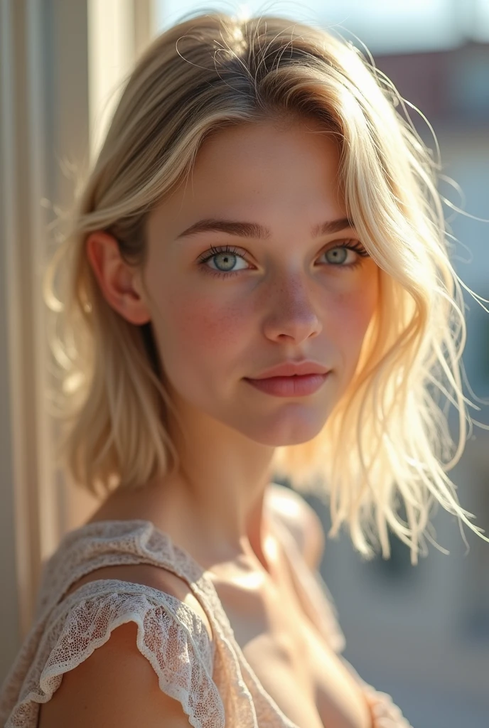 Beautiful  model wearing white lingerie, full body shot, very detailed, 19 years old, innocent face, short wavy white hair, blue eyes, high-resolution, masterpiece, best quality, intricate details, highly detailed, sharp focus, detailed skin, realistic skin texture, texture, detailed eyes, professional, 4k, alluring gaze, captured on Canon, 85 mm, shallow depth of field, Kodak Vision color, perfectly fitted lingerie, extremely detailed, photograph-\(ultra\), photorealistic, realistic, post-processing, maximum details, roughness, real life, ultra realistic, photorealism, photography, 8k UHD