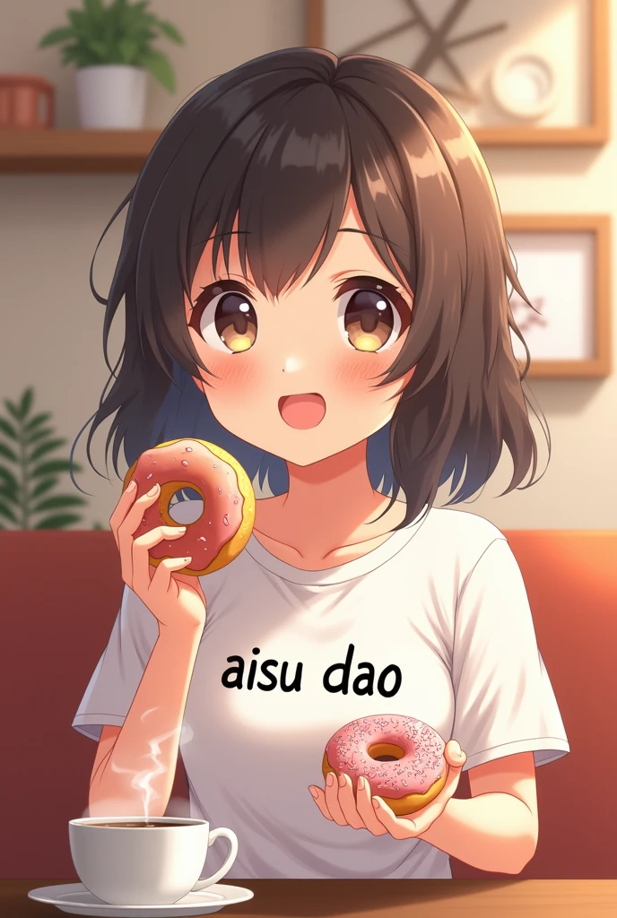 1girl, casual clothes, skirt, t-shirt, twintails, long hair, short sleeves, indoors, holding food, standing