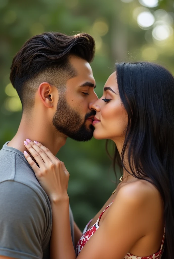 An image of a man and a woman kissing, both with black hair