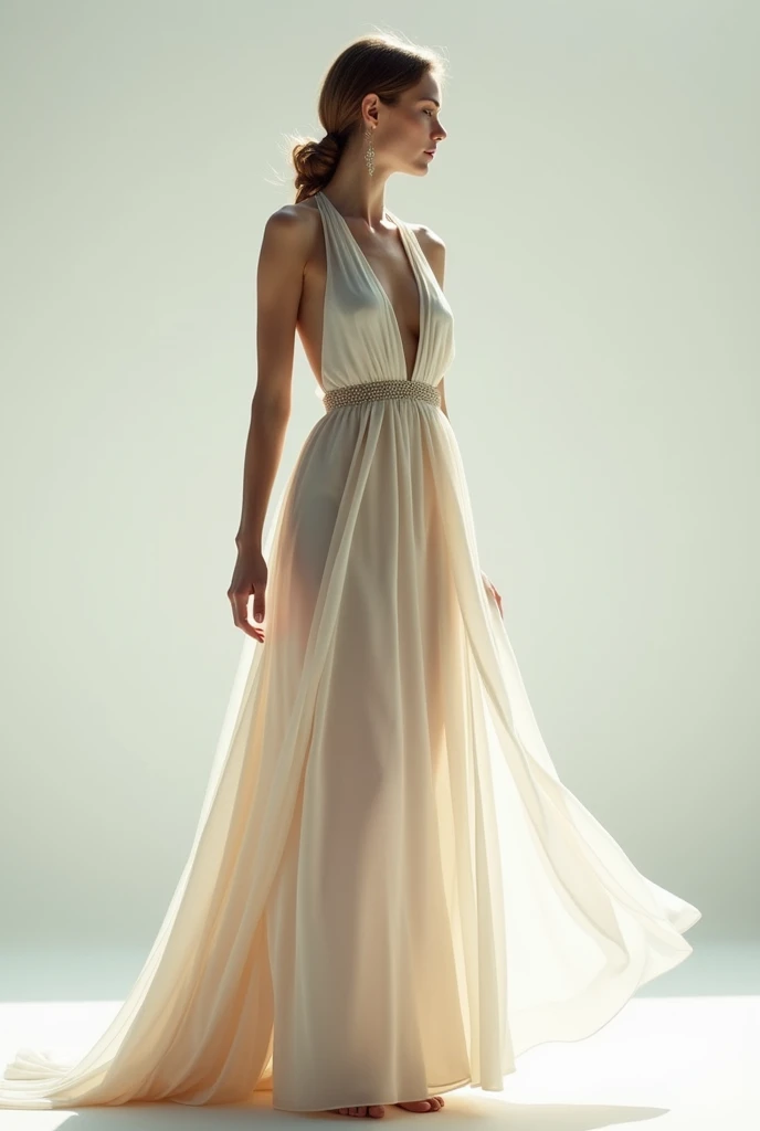 Instagram ad banner, CAFA sewing factory, elegant woman in a flowing dress, neutral tones, minimalist design, text "CAFA - Creating clothes that emphasize your individuality", #fashion #womenswear #madeinCAFA #premiumquality #style