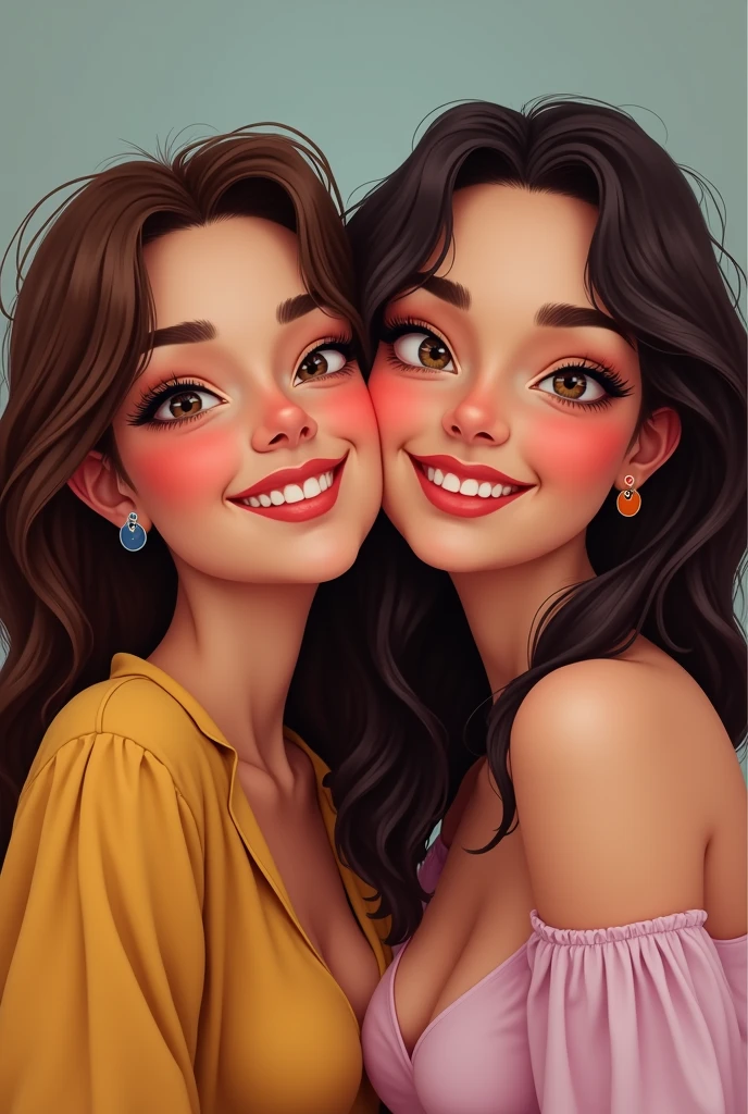 2 woman, Grinning, skin fair, big dark brown hair, dark brown eyes, rounded face, ROUNDED EYEBROWS, ELEGANT CLOTHES IN SHADES OF GREEN AND PURPLE, golden earrings, pixar, DISNEY