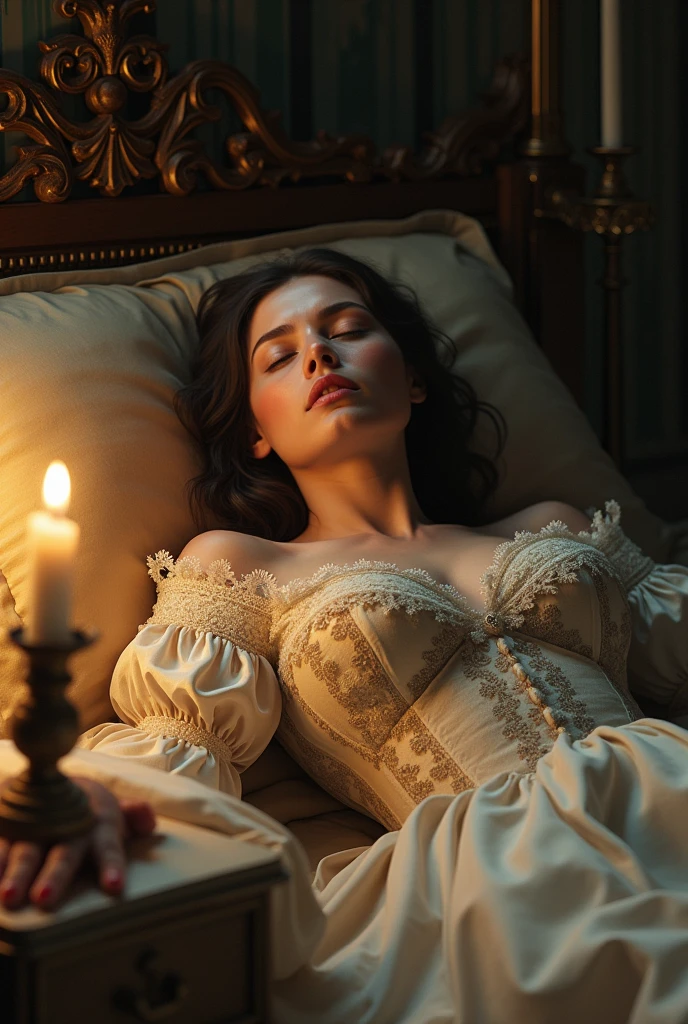 Full body photos and from far away of: Dracula's castle, the interior design of the bedroom is classic, blood red, Victorian era theme, decorated with lace fabric, a bed with a classic luxurious design, the princess girl sits on the bed, spreding her legs, wearing a white steampunk suit , bohemian style hair, arrogant and haughty look, typical gothic make-up, lighting using torches, in the middle of the dark night, perfect eyes and face, perfect body with complete anatomy, realistic and real, 4k