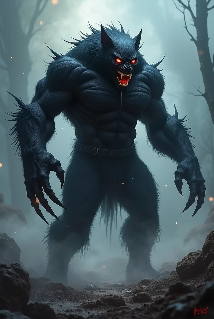 Make super muscular black fur werewolf monster with attractive pose