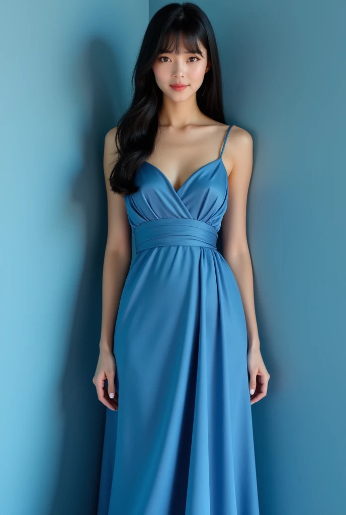 an asian young lady, dark brown long hair, bright eyes, a smiling face, full body, long light blue dress, grey background