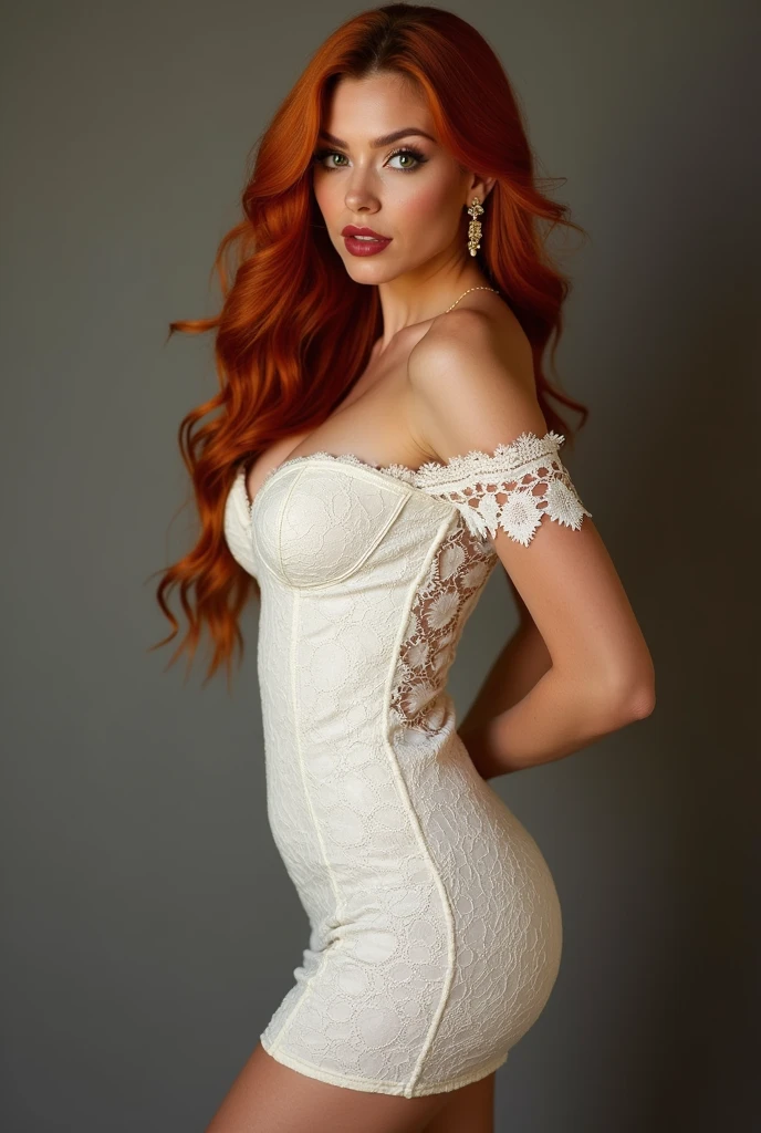 ((high quality:1.2)), (8k), extremely detailed, ((High detail:1.2)), ((best resolution:1.4)), Solo, ((24 years old irish red-haired female:1.45)), ((dress strapless)),