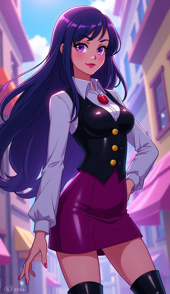 close up 1girl in, 20years, Solo, Aesthetic artwork, long dark blue hair, thick dark blue hair, light blue eyes, clear skin, pale skin, massive breasts, DD-Cup, cleavage, fit body, (round hips, thin waist: 1.25), (Sirius face, dark lipstick, sexy smile:1.1), key necklace, (wearing full length trench coat purple, tight waist belt, thigh high boots, chains:1.1), (dancing pose:1.25), (detailed city roof background:1.1), rooftop, overlooking city, 24mm, 4k textures, soft cinematic light, RAW intricate, elegant, highly detailed, sharp focus, ((((cinematic look)))), soothing tones, insane details, intricate details, hyperdetailed, low contrast, soft cinematic light, dim colors, exposure blend, hdr, faded
