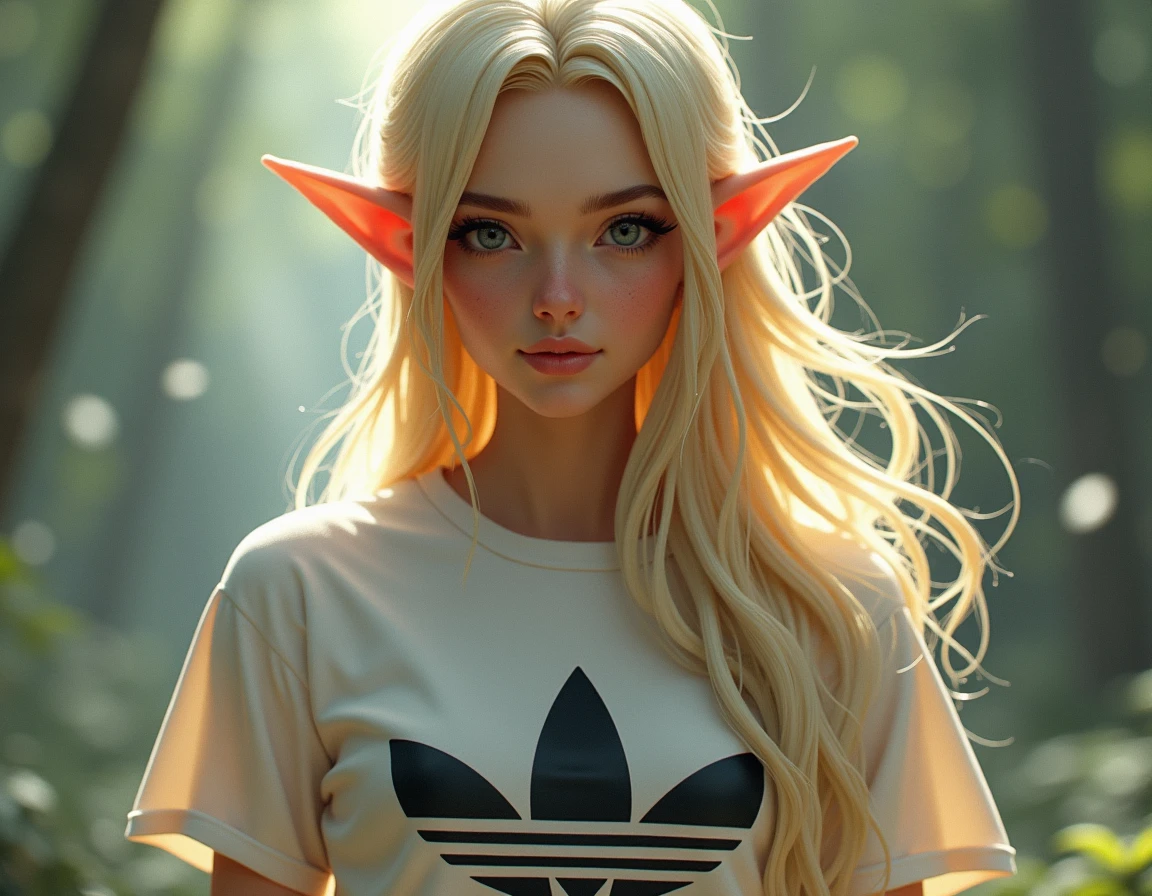 An adult boy elf with long blonde hair . With an Addidas t-shirt