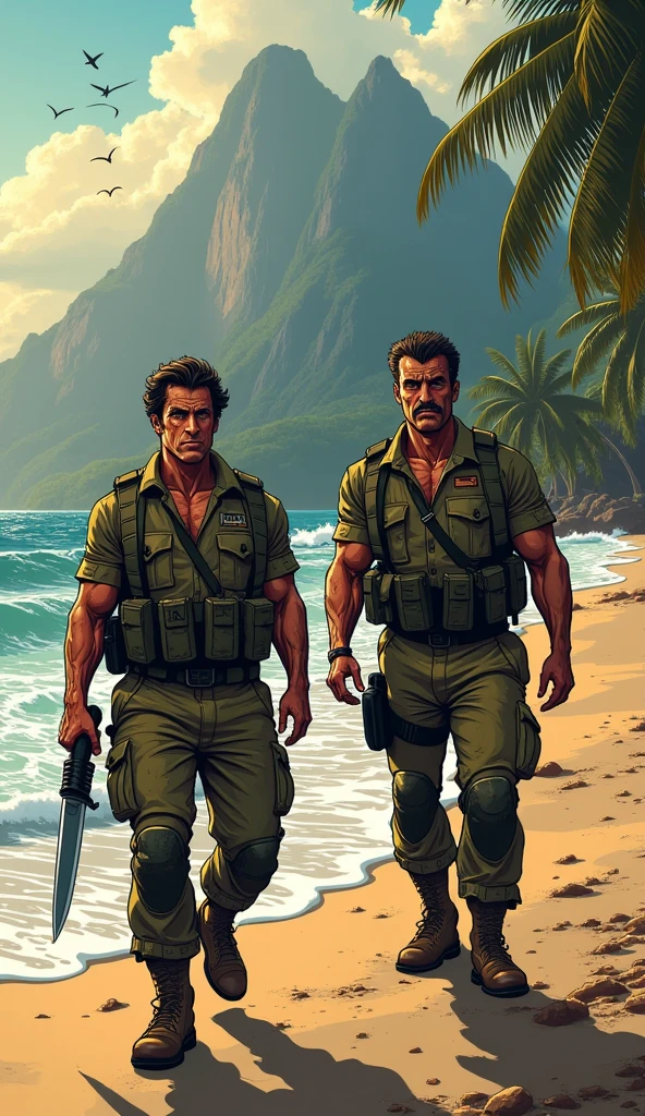 Shirtless men armed with rifles cartoon