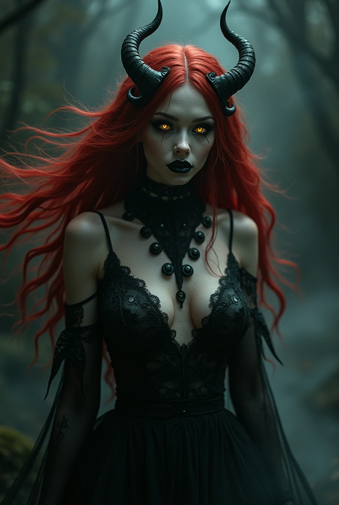 a detailed demonic woman with piercing purple eyes, long flowing red hair, long curved horns pointing upwards, wearing a black dress with adventurous designs along the sides of the legs, cinematic lighting, dark fantasy, highly detailed, photorealistic, 8k, masterpiece